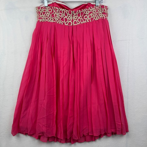 Lilly Pulitzer Pink Pleated‎ Skirt Gold Lace Trim Sweetheart Strapless Dressy 10 - Picture 4 of 7